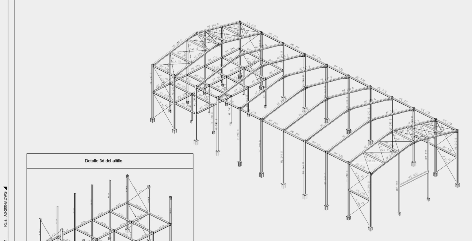 Estructura metálica industrial en vista técnica para proyectos y licencias